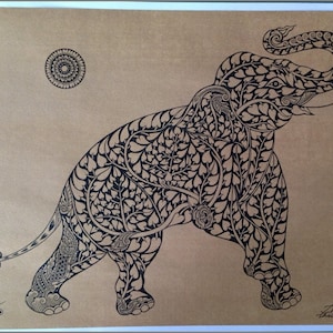 Thai traditional art of Elephant by printing on sepia paper.