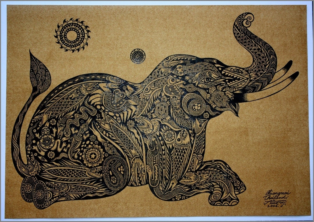 Thai Traditional Art of Elephant by Printing on Sepia Paper - Etsy