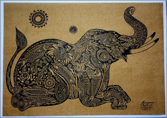 Thai Traditional Art of Elephant by Printing on Sepia Paper. - Etsy