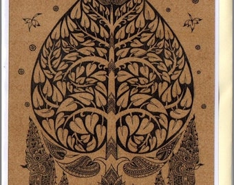 Thai traditional art Bodhi Tree by printing on Sepia paper card