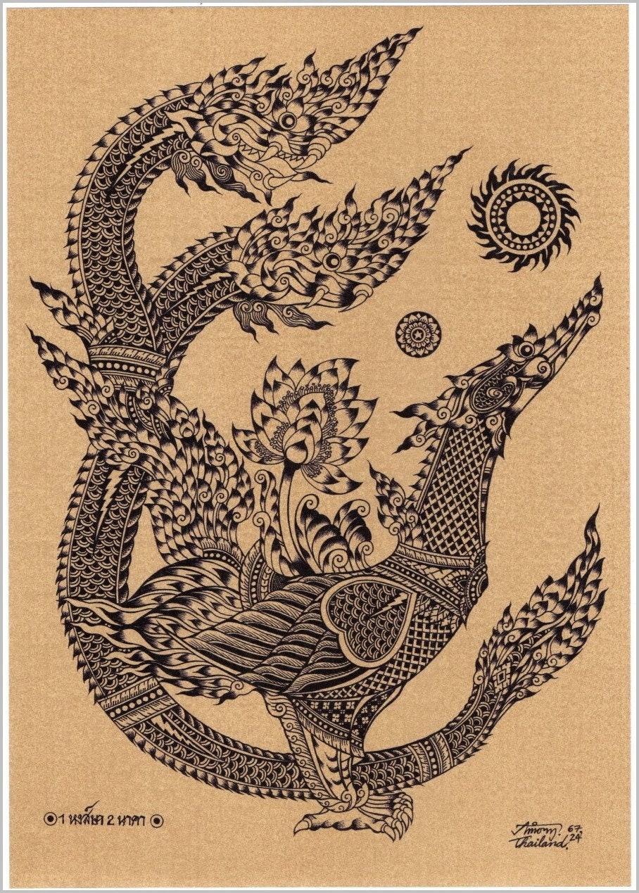 Thai Traditional Art of Bird and Naga by Printing on Sepia. - Etsy