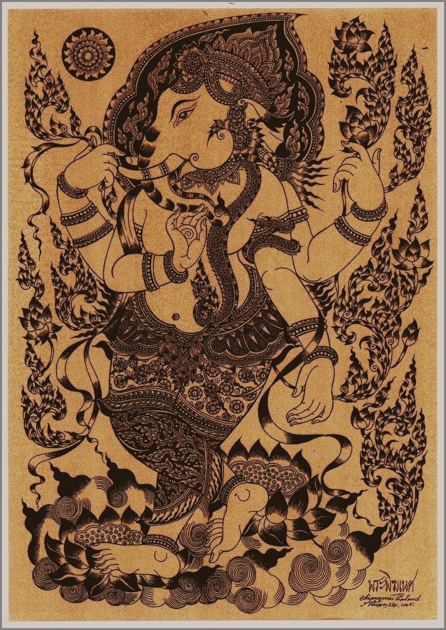 セピア色の紙に印刷されたタイの伝統的なガネーシャの芸術。 - Etsy 日本