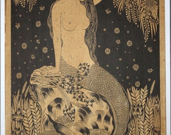Thai traditional art of Mermaid  by printing on sepia paper