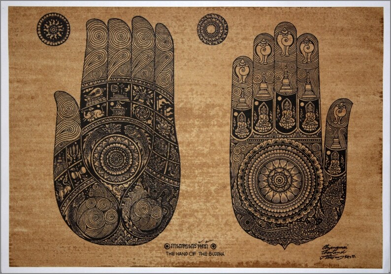 Thai traditional art of Hand Of The Buddha by printing on sepia paper image 1