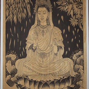 Thai traditional art of Guanyin by printing on sepia paper.