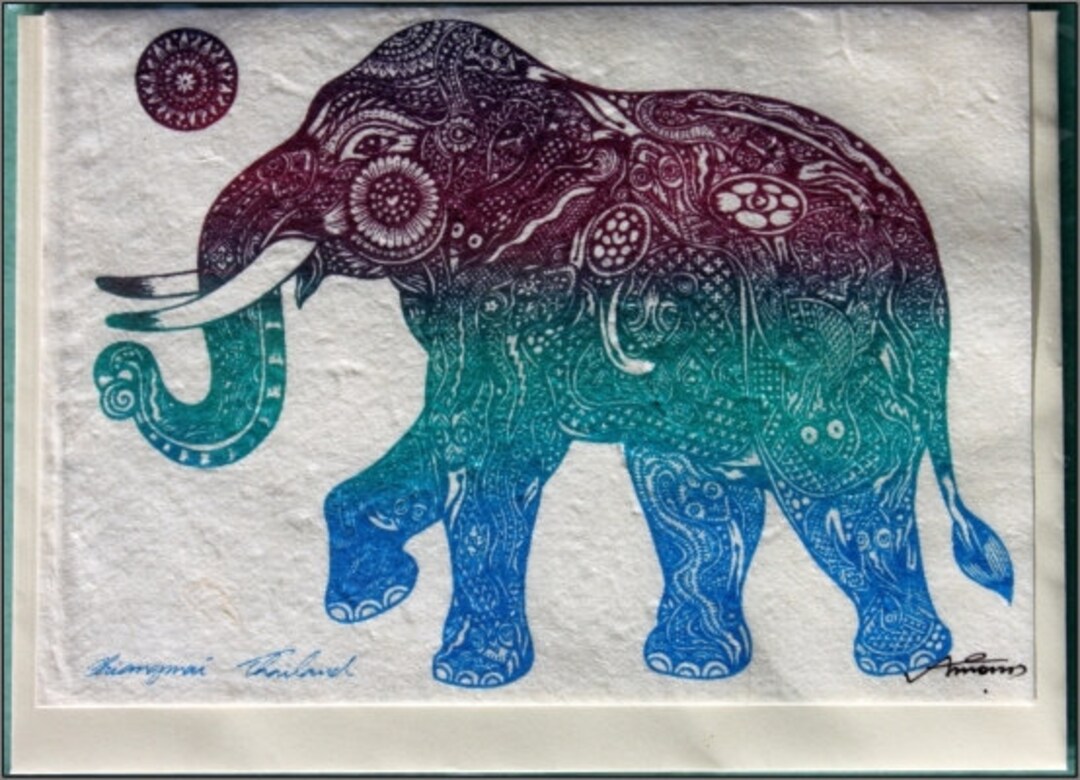 Thai Traditional Art of Elephant by Silkscreen Printing on Mulberry