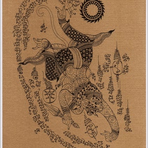 Thai traditional art of Hanuman by printing on sepia paper.