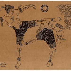 Thai traditional art of Thai boxing by printing on sepia paper.