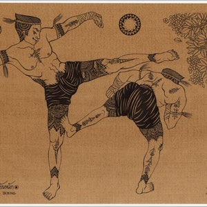 Thai traditional art of Thai boxing by printing on sepia paper.