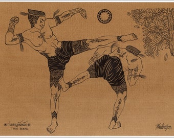Thai traditional art of Thai boxing by printing on sepia paper.