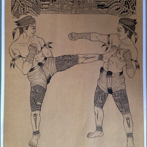 Arte tradicional tailandesa de boxe tailandês por (Mon Lean Main) serigrafia em papel sépia
