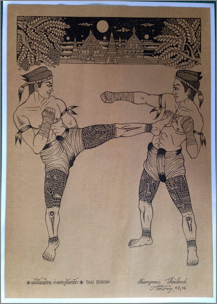Thai Traditional Art of Thai Boxing by ( Mon Lean Main ) Silkscreen  Printing on Sepia Paper - Etsy, image size:913x1278