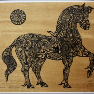 Thai traditional art of Horse by printing on sepia paper