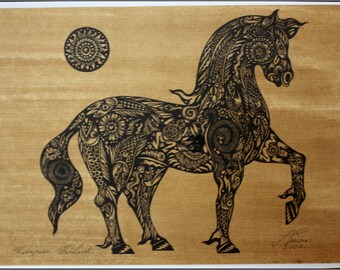 Thai traditional art of Horse by printing on sepia paper