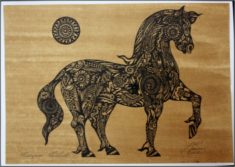 Thai traditional art of Horse by printing on sepia paper Etsy