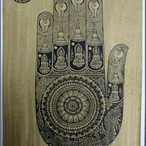 Thai traditional art of Hand Of The Buddha by printing on sepia paper