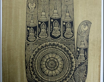 Thai traditional art of Hand Of The Buddha by printing on sepia paper