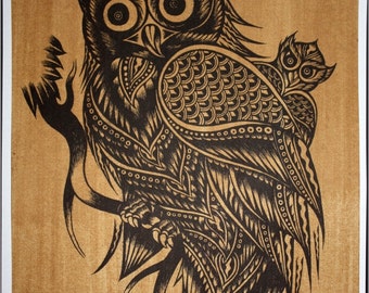 Thai traditional art of Owls by printing on sepia paper