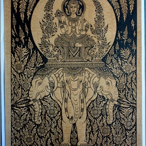 Thai traditional art of Indra on the three Headed Erawan Elephant by printing on sepia paper