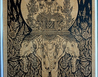 タイで買った絵 セピア色の紙に印刷した、3つの頭を持つエラワン象に描かれたタイの