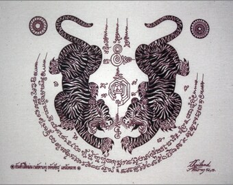 Digital Download, Prints Art,Thai traditional art of Talisman Tiger Leap (Tiger pairs) by print(Red&Black Color).