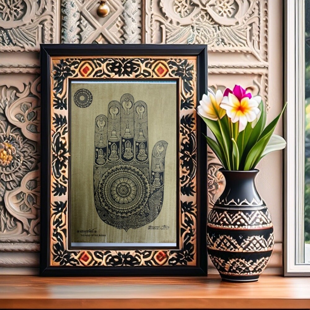 Thai Traditional Art of Hand of the Buddha by Printing on Sepia