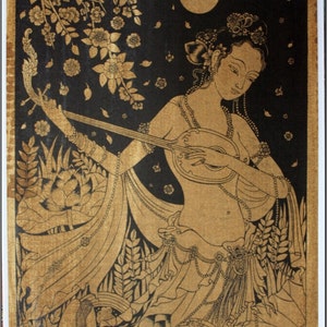 Thai traditional art of Apsara by printing on sepia paper