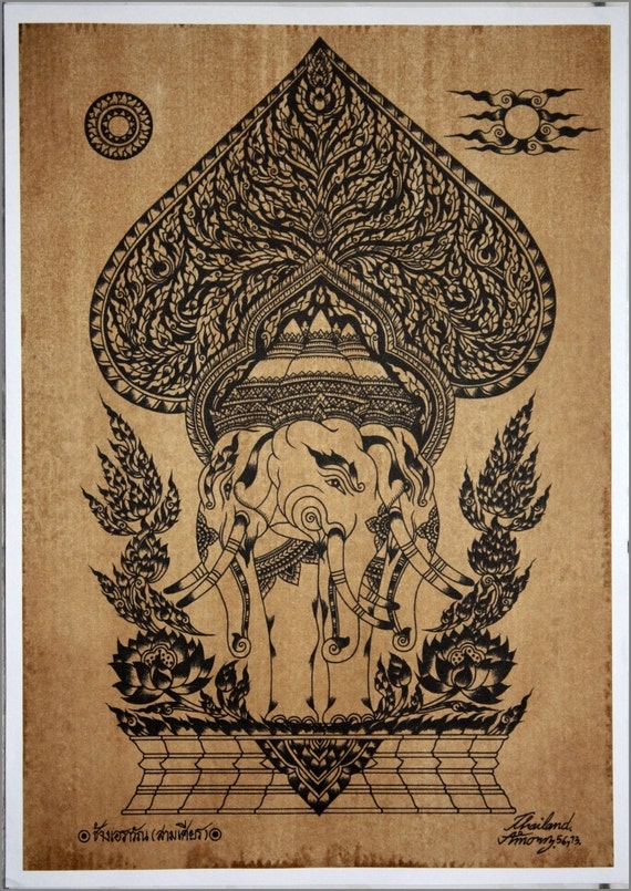 Thai Traditional Art of Erawan Elephant by Printing on Sepia - Etsy Israel Thai Traditional Art of Erawan Elephant by Printing on Sepia - Etsy Israel