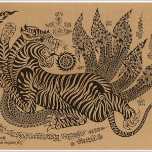 Thai traditional art of Talisman by printing on sepia paper.