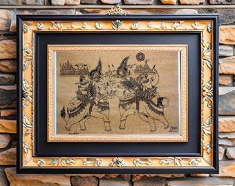 Frottement D'art Traditionnel Thaïlandais Sur Papier De Riz, Guerrier à Dos D'éléphant, Vintage, Paire