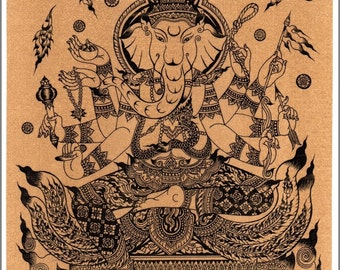 Thai traditional art of Ganesha printing on sepia paper.