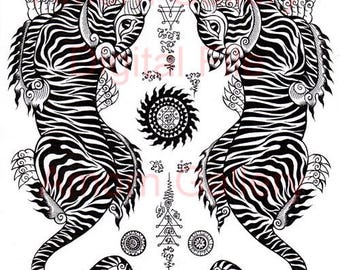 Digital File Download, Prints Art,Thai traditional art of Tiger Leap (Tiger pairs) print(Black Color).