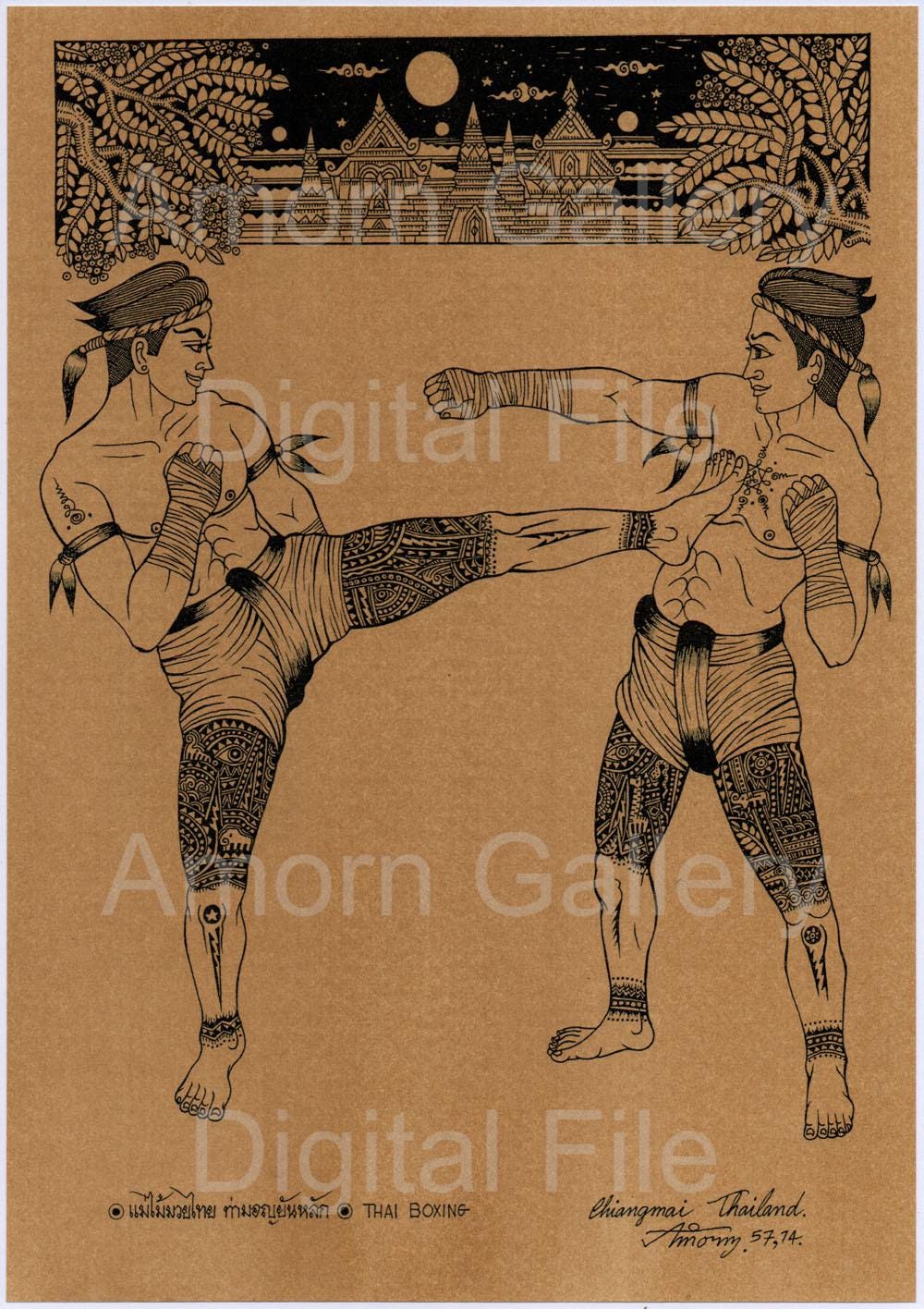 Digital File Download, Prints Art,Thai traditional art of Thai boxing by print(Sepia Color)., watercolor muay thai, muay thai draw.