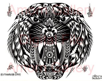 Digital File Download, Prints Art,Thai traditional art of Tiger face talisman by print(Black Color).