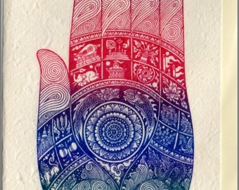 Thai traditional art Hand of Buddha by silkscreen printing on Mulberry paper Card