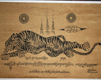 Thai traditional art of Talisman Tiger Leap by printing on sepia paper