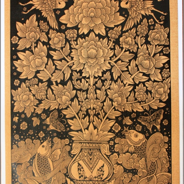Thai traditional art of An Auspicious by printing on sepia paper