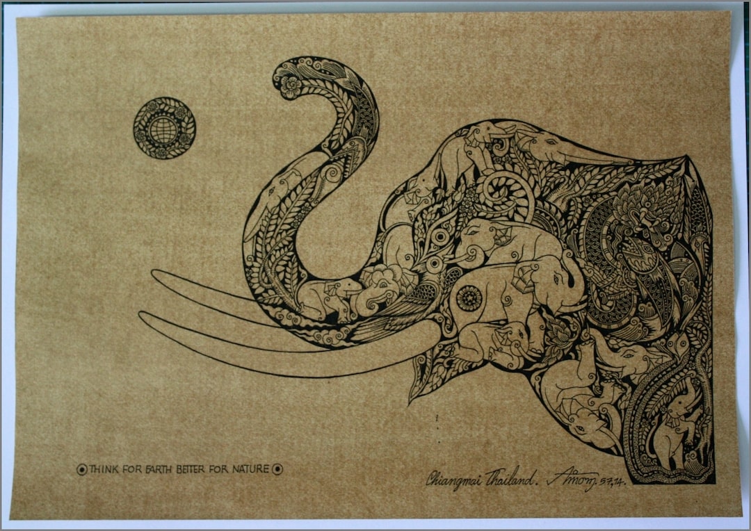 Thai Traditional Art of Elephant by Printing on Sepia Paper - Etsy