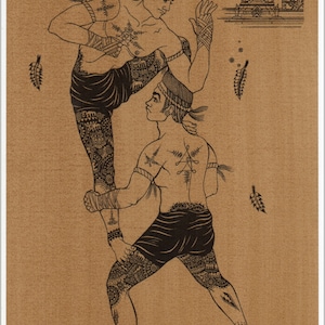 Thai traditional art of Thai boxing by printing on sepia paper.