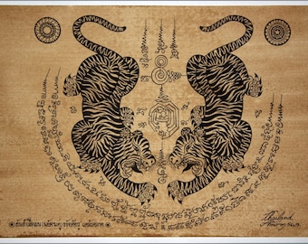 Thai traditional art of Talisman Tiger Leap (Tiger pairs) by printing on sepia paper