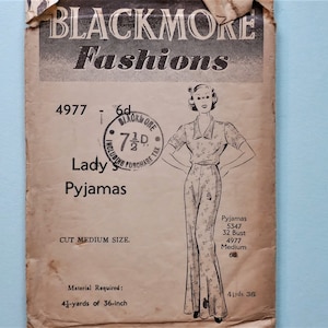 UNUSED 1930s BLACKMORE Fashions Sewing Pattern #4977 - PYJAMAS Top Bottoms // Bust 32&quot; (B9)