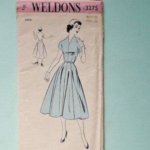 Patrón de costura para confección de vestidos Weldons de la década de 1950, sin usar, n.° 3275, busto de 81 cm, original vintage.