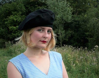 French Resistance Style Retro Black Linen Beret // 1940s Vintage Tam O'Shanter // Swing Hat