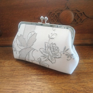 Grey Embroidered & Crocheted Floral Vintage Fabric Clutch Bag with Silver Snap Frame with Dustbag // Wedding Clutch // Gifts for Her (K2)