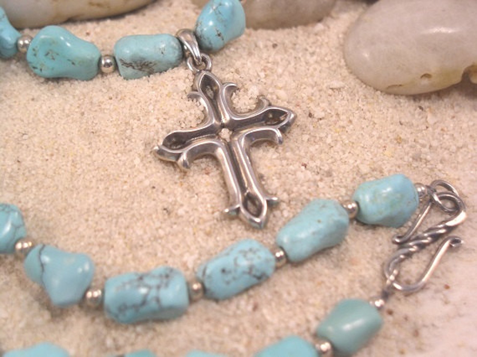 Turquoise Necklace Cross Crucifix Sterling Silver Beads - Etsy Israel