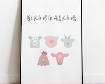 Be Kind to All Kinds Poster, druckbare Wandkunst, vegane Wandkunst, veganes Poster, Tierliebhaber Poster, Tierliebhaber Poster, veganes Dekor