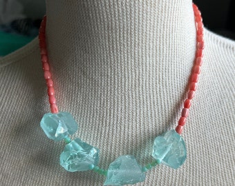 Aquamarine Necklace, Semiprecious stone necklace, Statement pink coral necklace, a gif for her,a gift for her