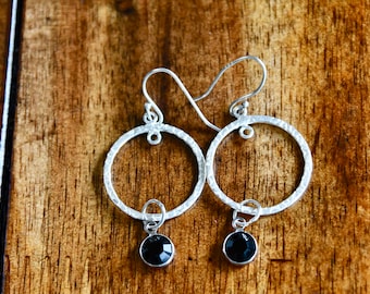 Wendy earrings/sterling silver  and onyx crystal earrings/ Black Onyx Star Hoop Earrings / Gemstone Star Earrings  / Gold Hoop Earrings.