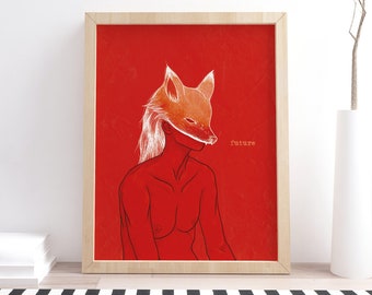 Fox Mask Digital Illustration Poster Printed Wall Decoration Print Illustration Fox Home Decor Poster Red Poster Art Wall Art