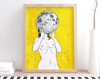 Moon Digital Illustration Poster Printed Wall Decoration Print Illustration Home Decor Poster Yellow Poster Art Wall Art